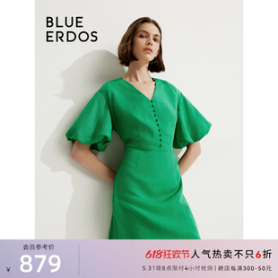 热卖 爆款 BLUE 收腰A字连衣裙女 ERDOS24春夏新款 气质V领泡泡袖