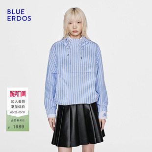 BLUE 都市通勤棉混纺蓝白条纹抽绳连帽套头上衣女 ERDOS26早春新品