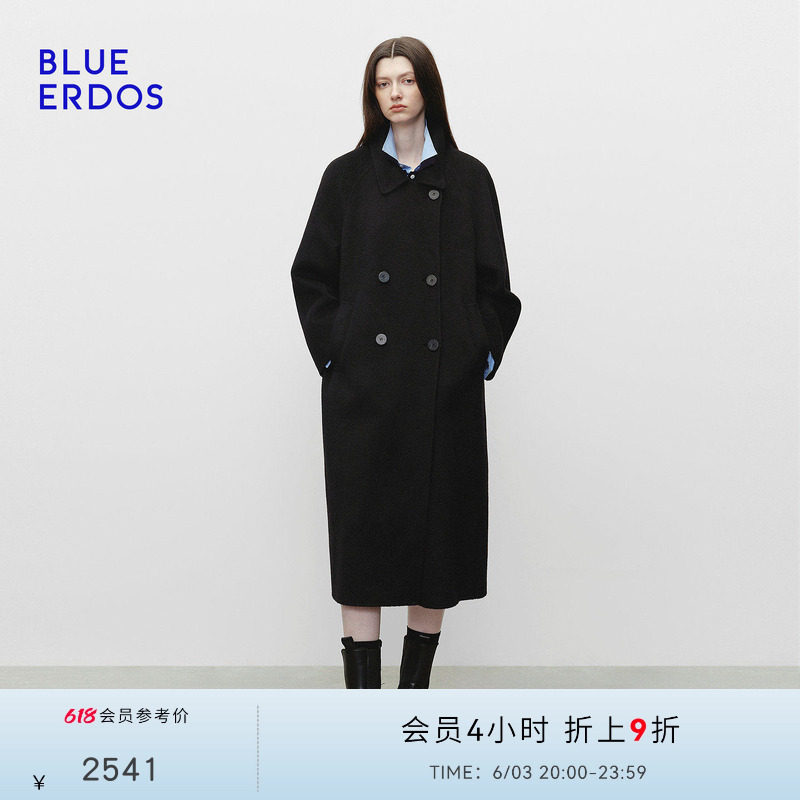 BLUE ERDOS春季复古百搭羊毛羊绒立领学院风双排扣毛呢大衣
