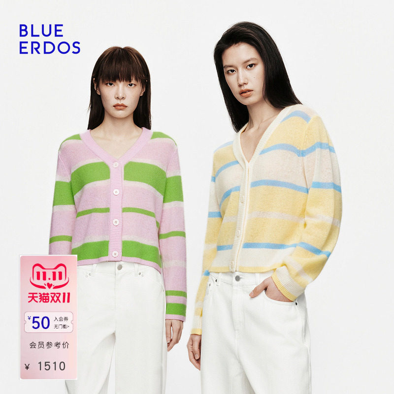 【100%羊绒】BLUE ERDOS2026秋冬新品元气感撞色条纹V领针织开衫