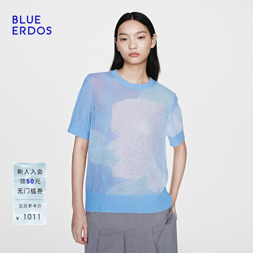 【空气羊绒】BLUE ERDOS26夏季新品羊毛羊绒混纺冰蓝提花半袖套衫