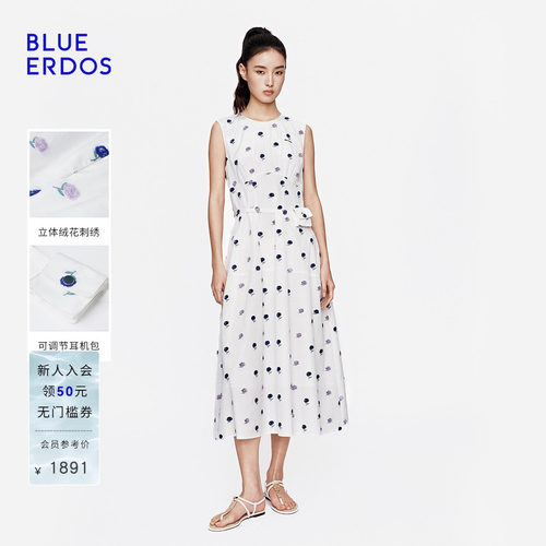 BLUE ERDOS2026早秋新品温婉简约棉混纺刺绣花卉修身无袖连衣裙女