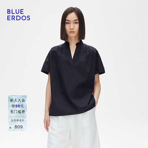 BLUE ERDOS秋季简约V领抽褶宽松短袖衬衫女上衣B255H5036