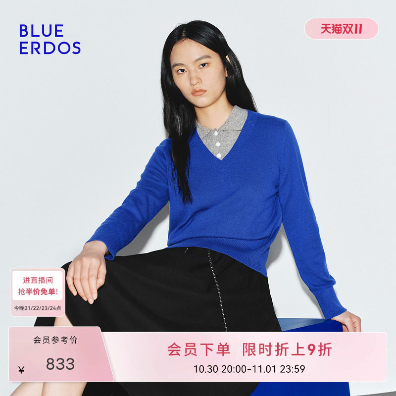 【100%山羊绒】BLUE ERDOS秋季高智复古V领多色百搭套头羊绒衫