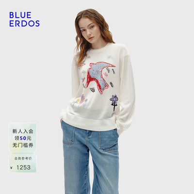 BLUE ERDOS 春季新品时尚简约精纺圆领刺绣提花女套衫B256D0030