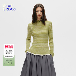 羊毛羊绒撞色百搭翻领针织衫 BLUE 简约修身 新品 上衣女 ERDOS春季