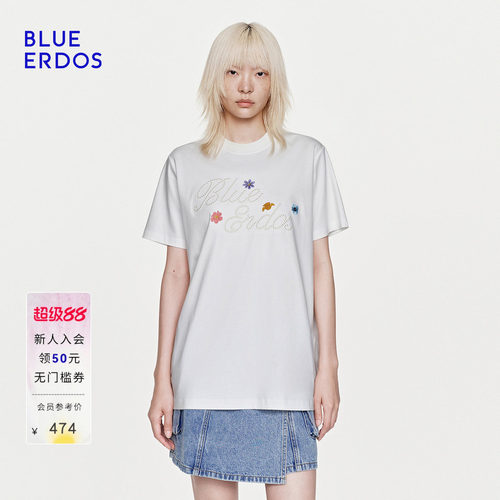 【100%棉】BLUE ERDOS26夏季新品温柔风花朵刺绣LOGO圆领T恤女