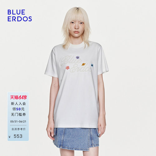 【100%棉】BLUE ERDOS26夏季新品温柔风花朵刺绣LOGO圆领T恤女