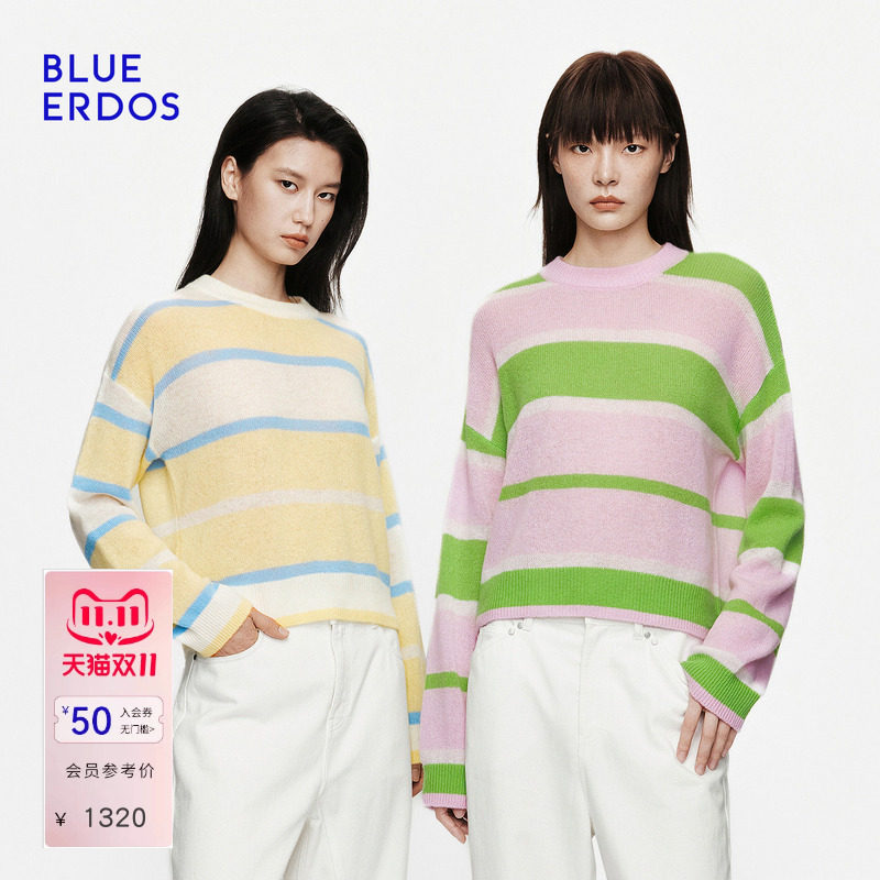 【100%羊绒】BLUE ERDOS2026秋冬新品元气感撞色条纹圆领针织套衫