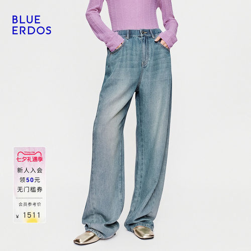 BLUE ERDOS2026秋冬新品复古松弛水洗做旧松紧腰直筒牛仔长裤女