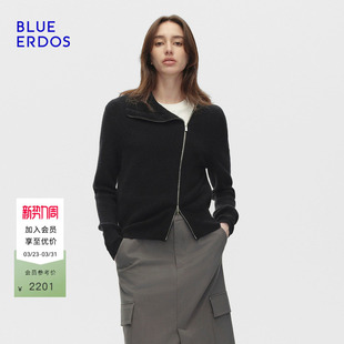 新品 ERDOS春季 BLUE 简约率性拉链罗纹翻领针织衫 100%山羊绒