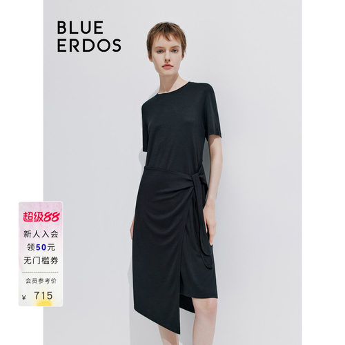 BLUE ERDOS 新款纯色圆领中长款不对称短袖连衣裙B245D7027