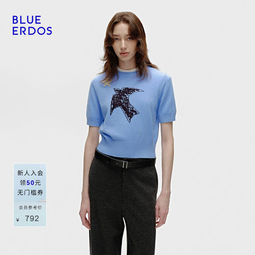 BLUE ERDOS 春季新品时尚简约精纺圆领提花半袖女套衫B256D0024