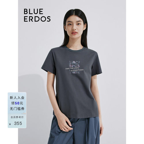 BLUE ERDOS 新款圆领纯色印花直筒短袖T恤女上衣B245H1031
