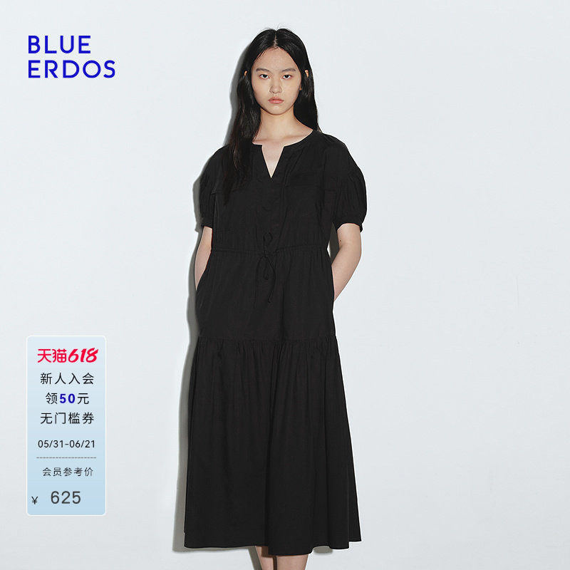 BLUE ERDOS 夏季简约通勤小V领抽绳设计衬衫式连衣裙B245I3029