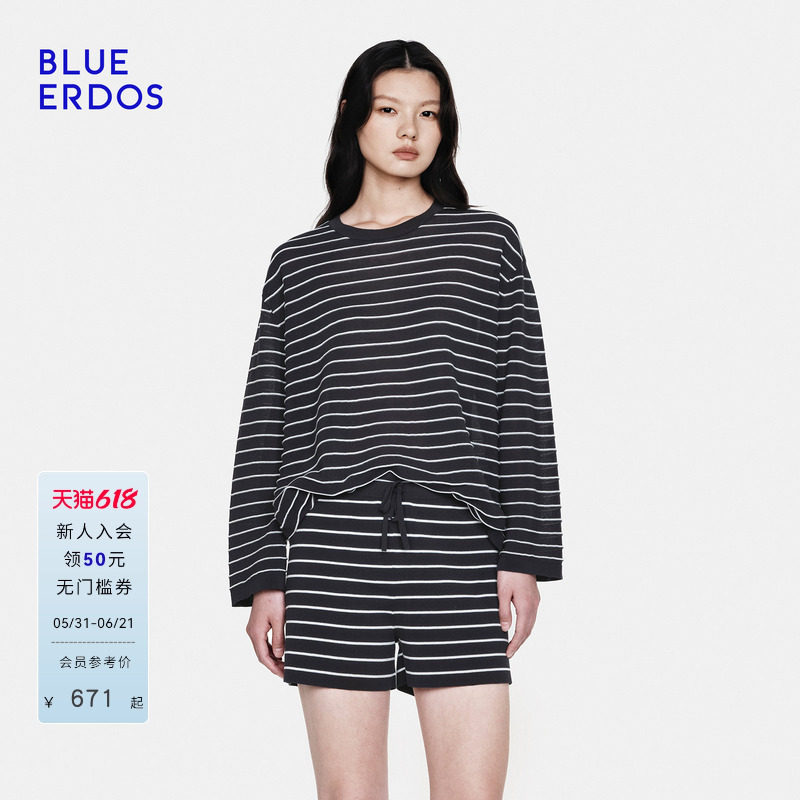 BLUE ERDOS 26春夏套装精纺圆领夹条女休闲宽松条纹时尚套衫/短裤
