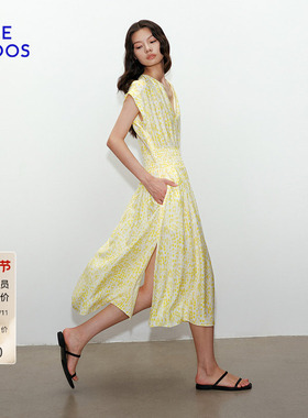 BLUE ERDOS春秋浅春系度假风黄色印花桑蚕丝混纺连衣裙