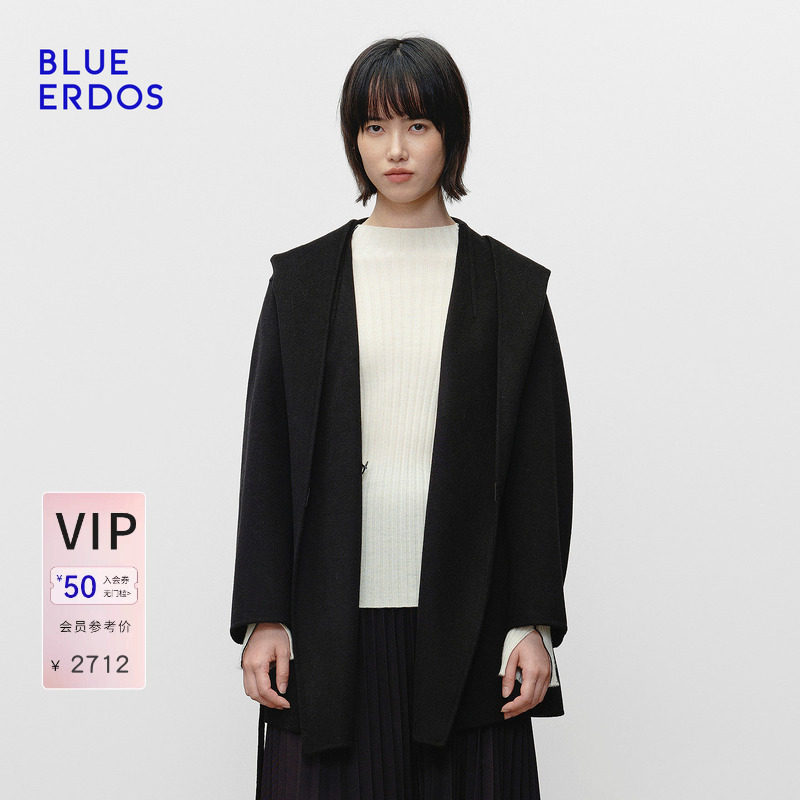 BLUE ERDOS2026秋冬新品优雅通勤绵羊毛混纺连帽围裹式短款大衣