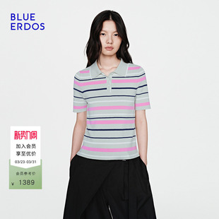 套衫 通勤百搭棉混纺正肩POLO领条纹短袖 女 ERDOS26早春新品 BLUE