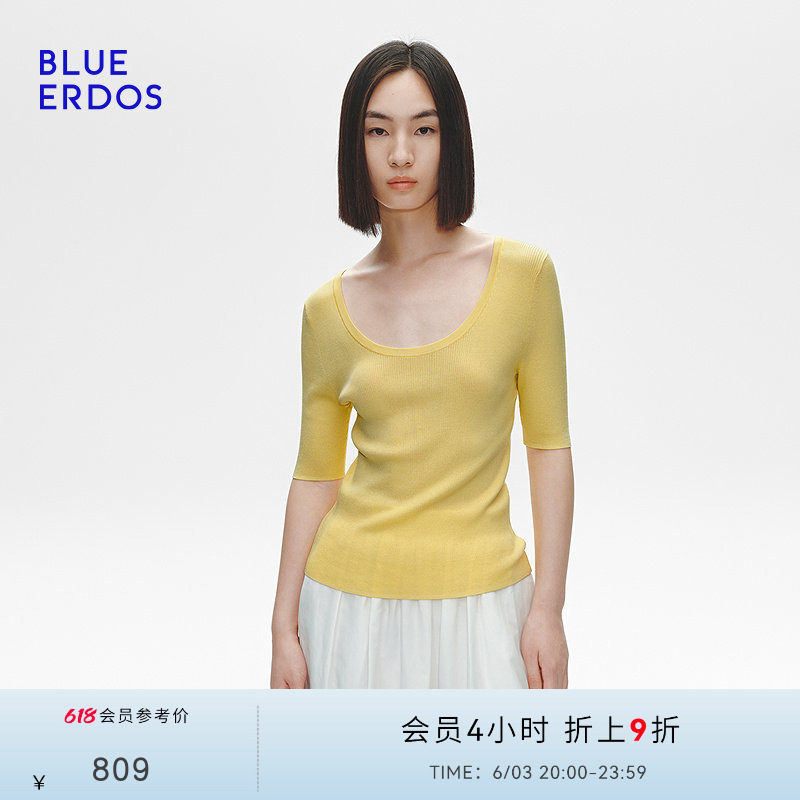 BLUE ERDOS春季大U领简约修身弹力针织短袖T恤B255D0035