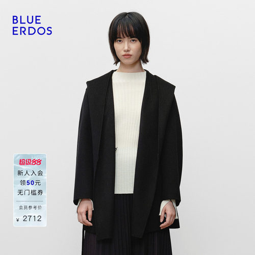 BLUE ERDOS2026秋冬新品优雅通勤羊毛羊绒混纺连帽围裹式短款大衣