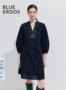 BLUE ERDOS 新款纯棉V领灯笼袖中长款两件套连衣裙B245I3011