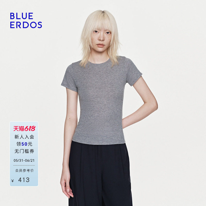 BLUE ERDOS26早春新品简约舒适绵羊毛混纺修身通勤百搭圆领短袖女