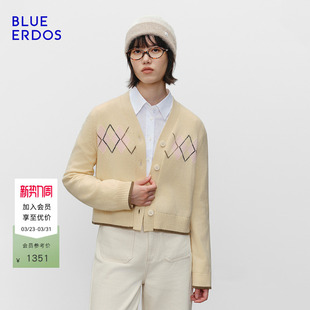 复古学院风V领菱形刺绣女开衫 BLUE 新品 春季 B256A1710 ERDOS