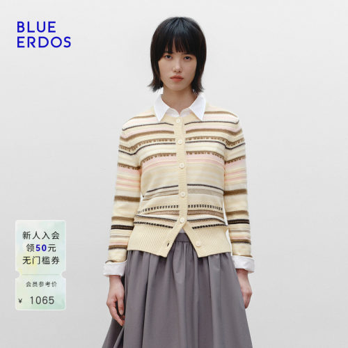 BLUE ERDOS 春季新品气质简约圆领黄粉条纹女开衫