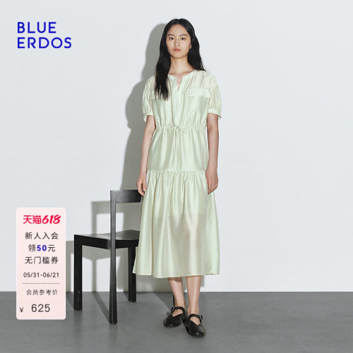 BLUE ERDOS 夏季简约小V领抽绳设计衬衫式泡泡袖连衣裙B245I4045
