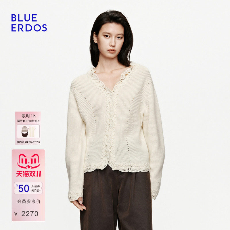 BLUE ERDOS2026秋冬新品温柔氛围感羊毛羊绒混纺V领长袖针织开衫