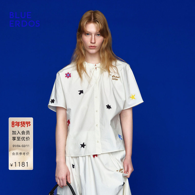 BLUE ERDOS 冬季新品时尚简约短袖棉质刺绣衬衫B256H5014,女装/女士精品,衬衫,淘宝优惠券,粉丝福利购,淘宝优惠卷