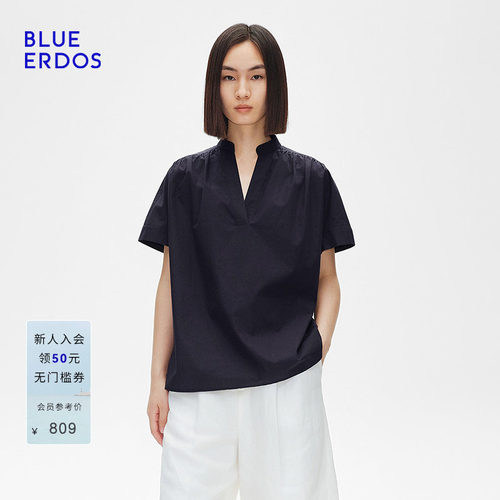BLUE ERDOS春季简约V领抽褶宽松短袖衬衫女上衣B255H5036
