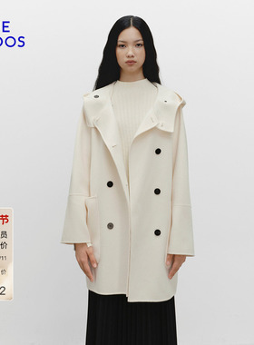 【孙千同款】BLUE ERDOS冬季新100%绵羊毛连帽双排扣大衣外套女