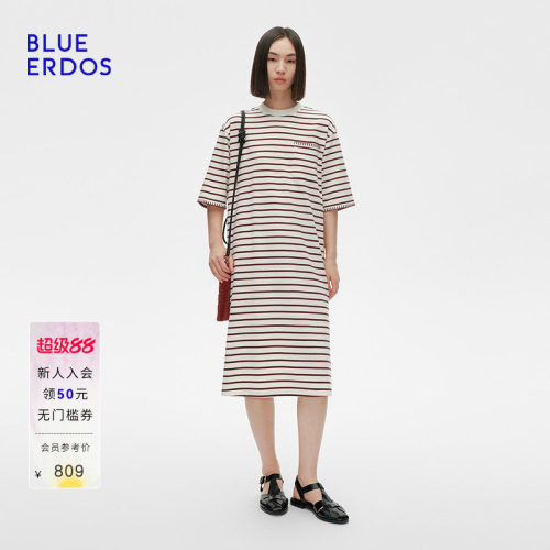 BLUE ERDOS夏季简约条纹全棉落肩五分袖连衣裙B255D7006