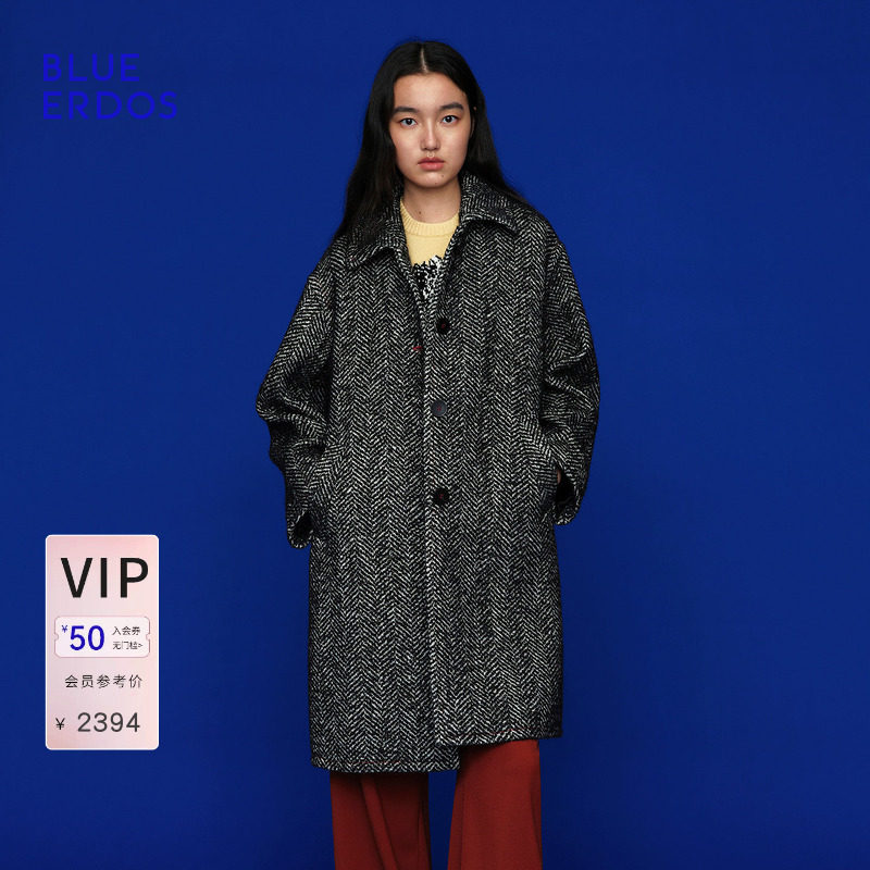 BLUE ERDOS秋季高智摩登休闲绵羊毛混纺翻领单排扣长款大衣女