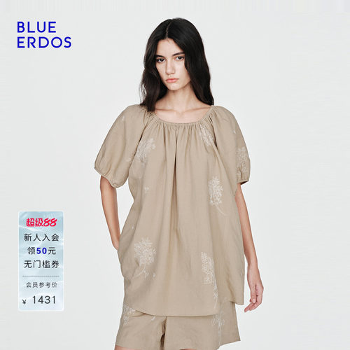 BLUE ERDOS2026夏季新品简约通勤一领两穿廓形刺绣圆领短袖上衣女