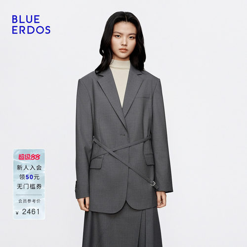BLUE ERDOS2026秋冬新品慵懒知性绵羊毛混纺廓形长腰带西服外套女