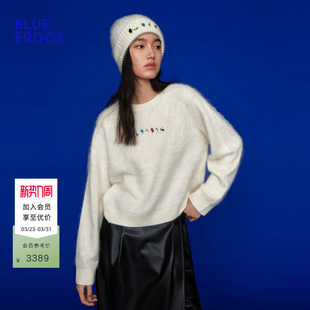 100%山羊绒 饰圆领羊绒衫 BLUE 新质感通勤彩钻装 女 ERDOS春季