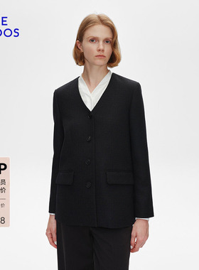 BLUE ERDOS 冬季经典黑色粗花呢小香风V领外套B255J0004