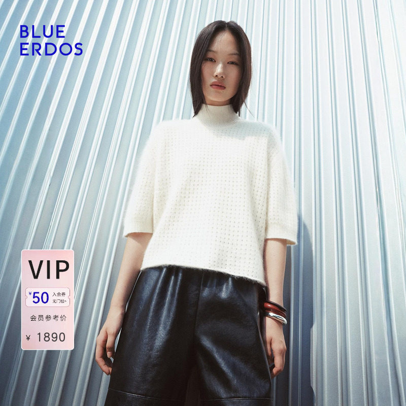 BLUE ERDOS2026秋冬新品高领半袖上衣日常通勤山羊绒混纺挑孔套衫