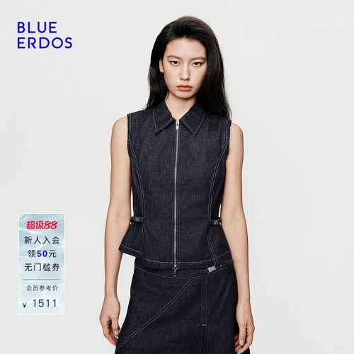BLUE ERDOS2026秋冬新品都市通勤翻领撞色辑线收腰无袖牛仔马甲女