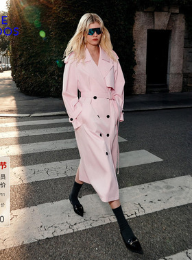 BLUE ERDOS2026早春新品休闲通勤棉混纺粉色双排扣风衣女外套