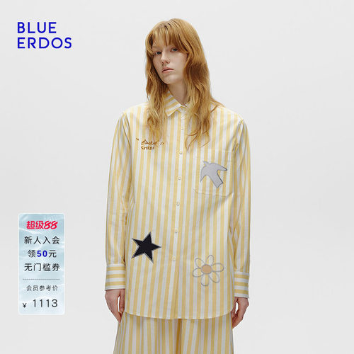 BLUE ERDOS 春季新品气质简约贴布绣宽松竖条纹衬衫B256HB003