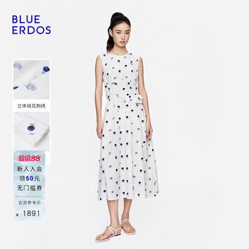 BLUE ERDOS2026早秋新品温婉简约棉混纺刺绣花卉修身无袖连衣裙女