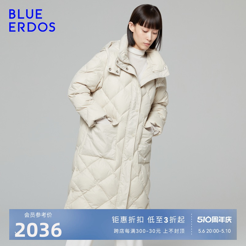 BLUE ERDOS秋冬防寒保暖连帽设计纯色气质中长款羽绒服外套女