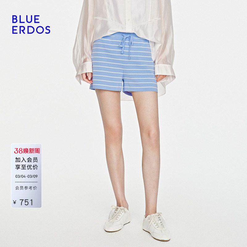 BLUE ERDOS26早春新品休闲松弛感棉混纺双色条纹四平夹条针织短裤