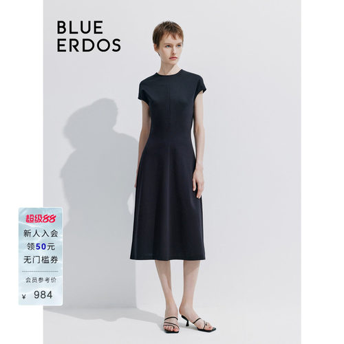 BLUE ERDOS 新款简约圆领纯色中长款短袖连衣裙B245D7029