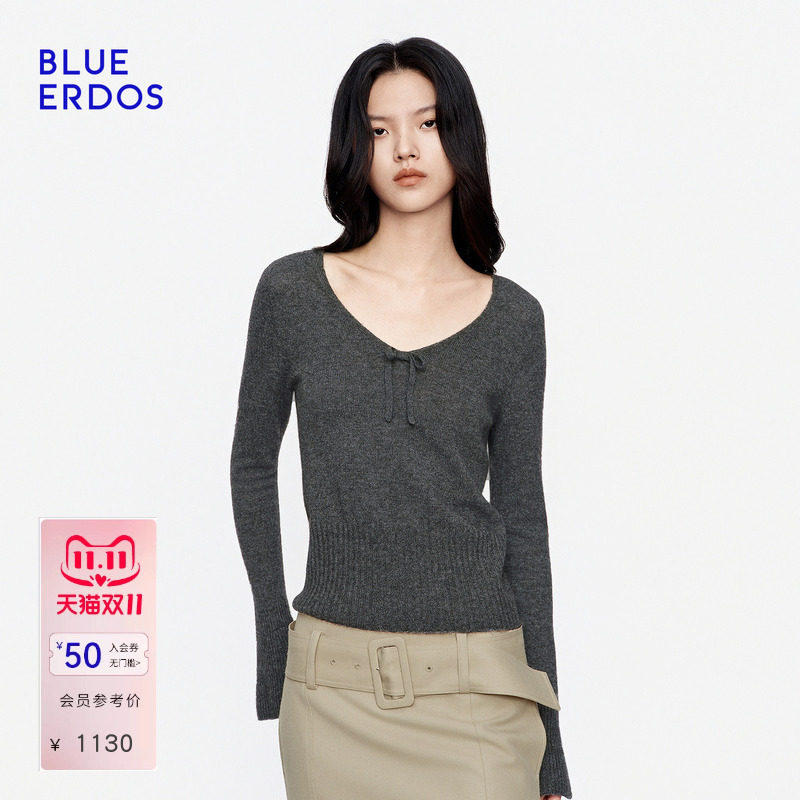 BLUE ERDOS2026秋冬新品温婉松弛山羊绒混纺喇叭袖V领长袖套衫女