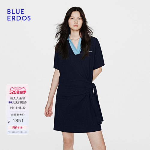 【100%棉】BLUE ERDOS26夏季新品元气感撞色V领华夫格短袖连衣裙